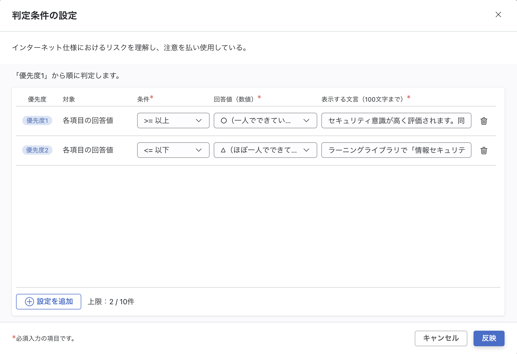 フォーム設計画面の判定条件の設定モーダル。「インターネット仕様におけるリスクを理解し、注意を払い使用している。」項目に対して、優先度1と優先度2の2つの判定条件を設定している。各行には優先度、対象、条件（>=以上、<=以下など）、回答値、表示する文言（100文字まで）の入力欄があり、削除ボタンも配置されている。画面下部には「設定を追加」ボタンと上限表示（2/10件）がある。