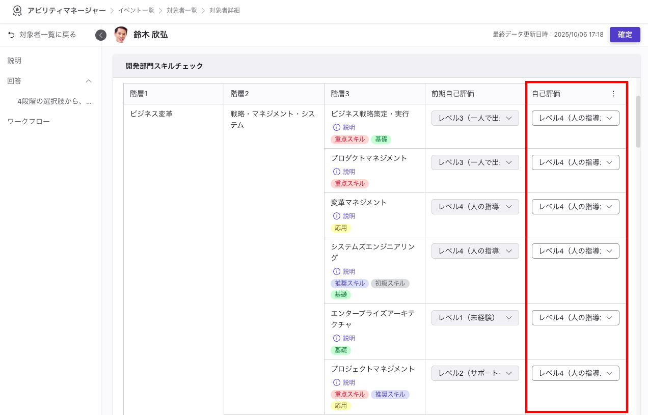 回答画面が表示されており、「自己評価」列にレベル4が回答されている。