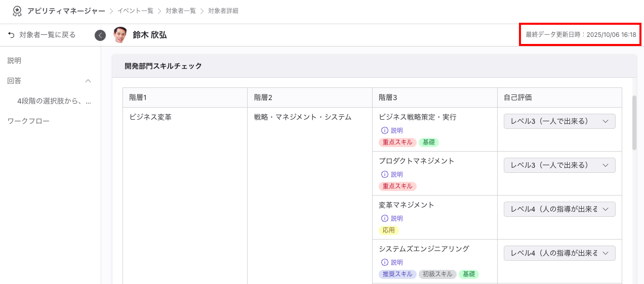 回答画面が表示されており、自己評価プルダウンは選択不可になっている。