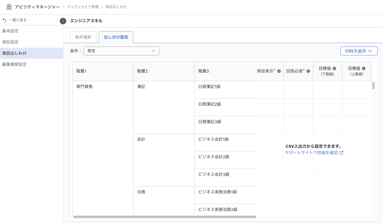 項目出しわけ画面の出しわけ設定画面