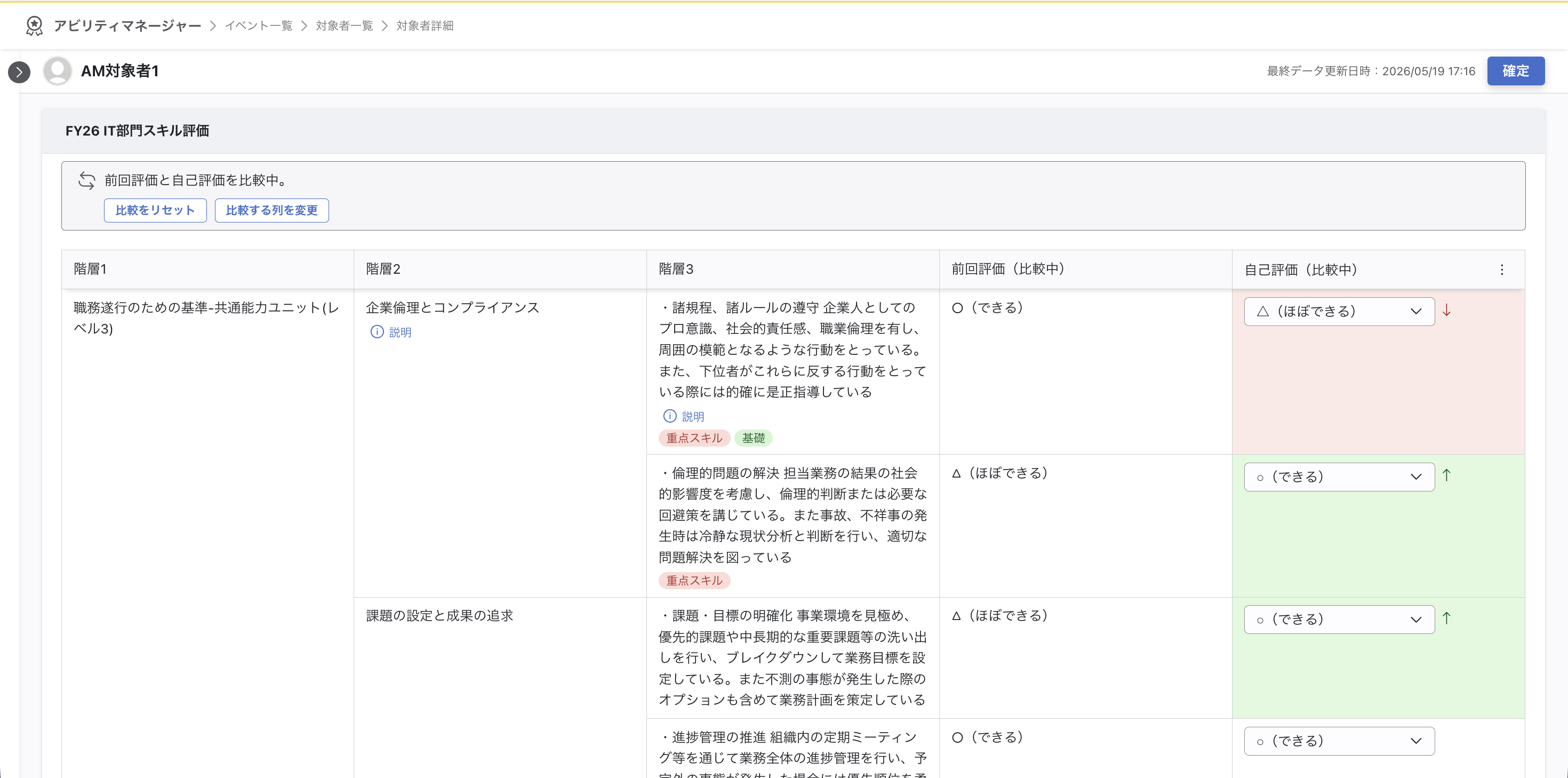回答画面が表示されており、スキルシート上部に「前回評価と自己評価を比較中。」というバナーと「比較をリセット」「比較する列を変更」ボタンが表示されている。「前回評価（比較中）」列と「自己評価（比較中）」列の差異がある行がハイライトされている