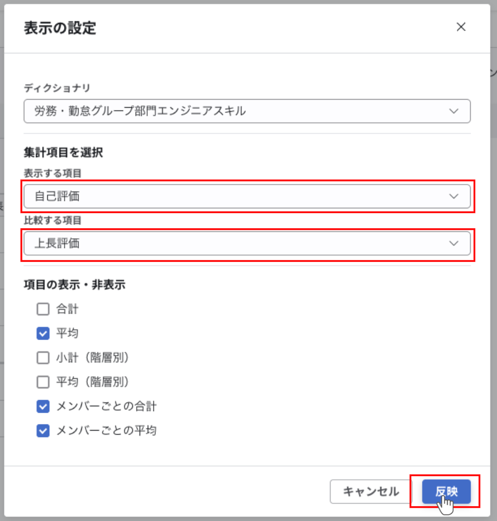 表示の設定モーダルの「表示する項目」「比較する項目」プルダウン（メンバーごと表示時）