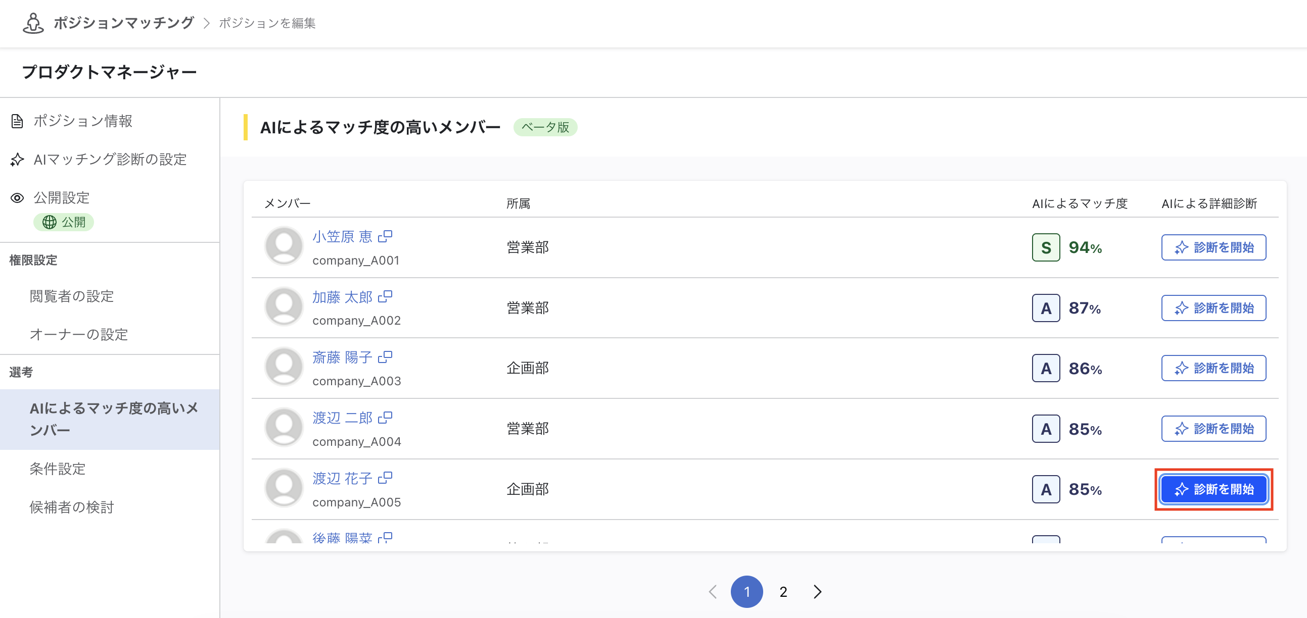 「AIによるマッチ度の高いメンバー」一覧画面。各行の「診断を開始」ボタンが表示されている。