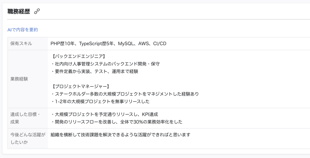 プロファイルブックの職務要件の入力例