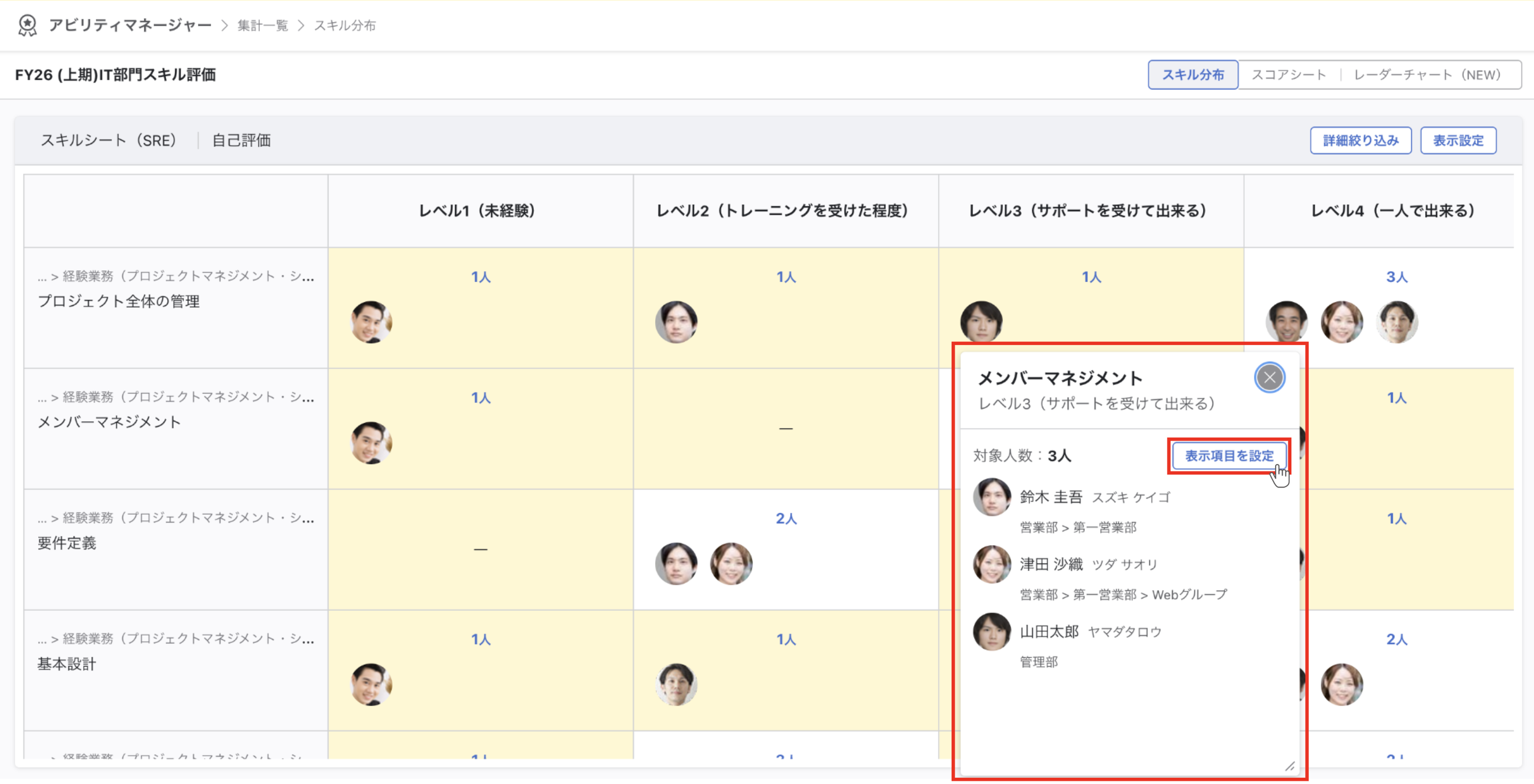 該当メンバーの一覧がポップアップで表示された画面