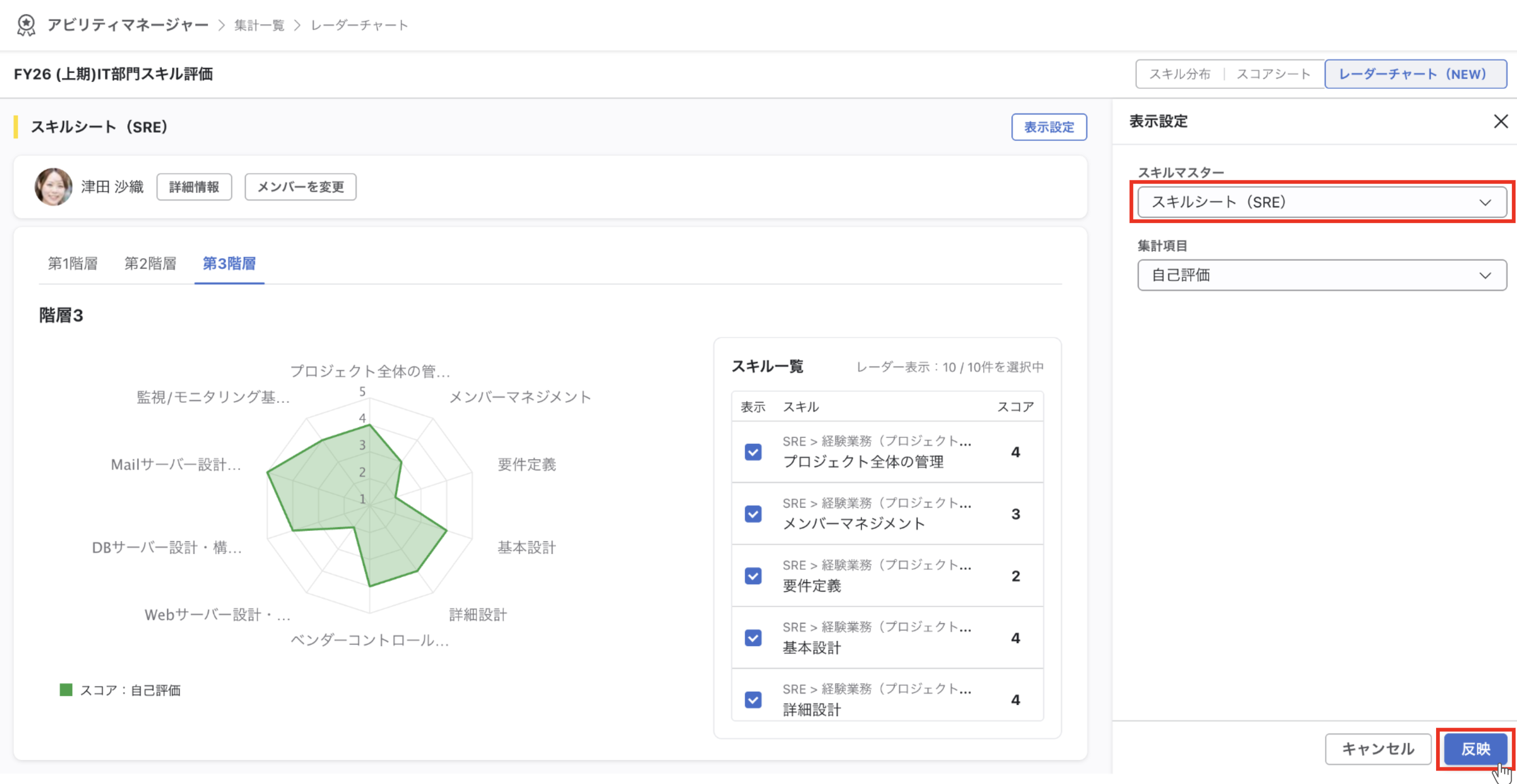 表示設定パネルでスキルマスターを選択し反映しようとしている画面