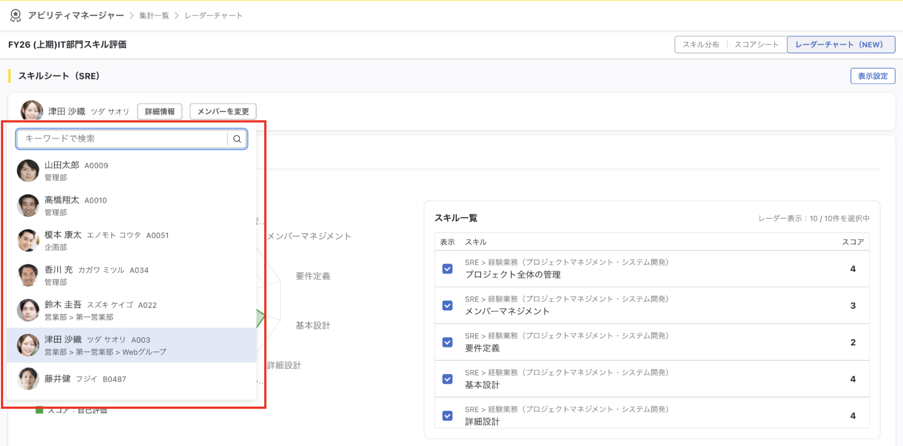 対象者リストからメンバーを選択する画面
