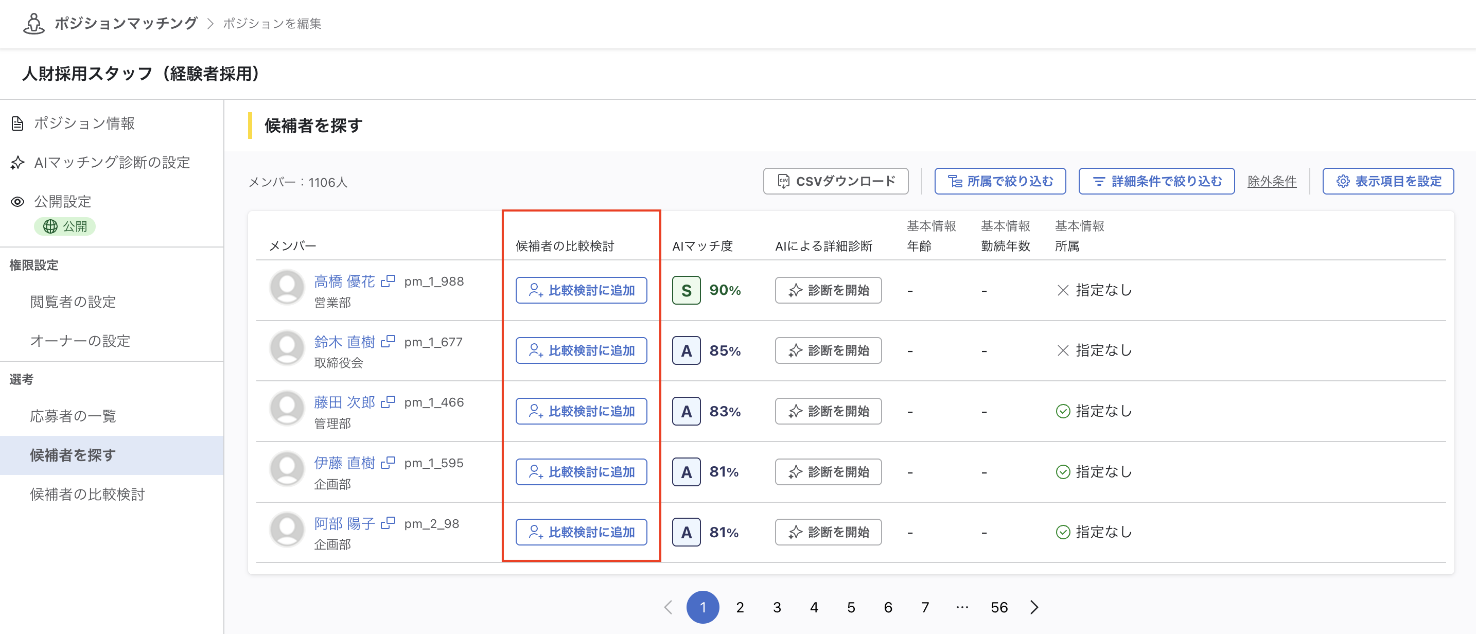 「候補者を探す」画面のメンバー一覧。各行に「比較検討に追加」ボタンが赤枠で強調されている状態。