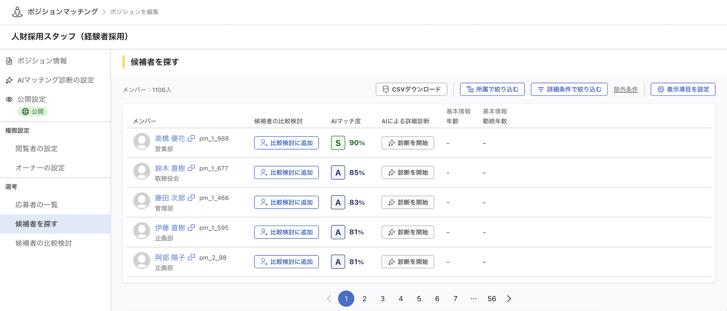 「候補者を探す」画面の全体。上部に「CSVダウンロード」「所属で絞り込む」「詳細条件で絞り込む」「除外条件」「表示項目を設定」のボタンが横並びで表示されており、その下にメンバー一覧が縦に並んでいる状態。
